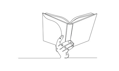 Minimalist continuous line art drawing of a hand holding an open book