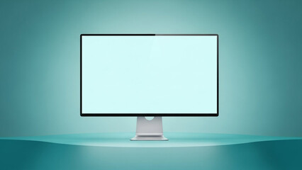 Modern desktop computer monitor with blank screen resting on a teal surface against a softly lit teal gradient background, perfect for mockup presentation or digital display