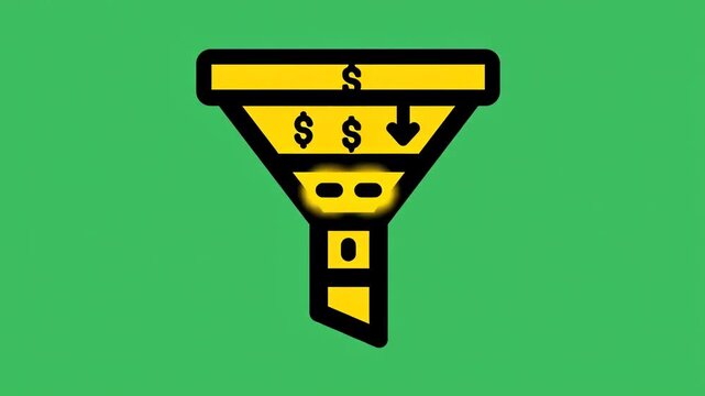 Illustration of a yellow sales funnel with dollar signs representing money flow