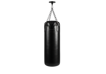 Black punching bag hanging from the ceiling isolated on a white background ready for training.