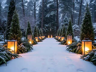 A snow-covered path lined with illuminated lanterns and evergreen trees leads through a serene winter forest.