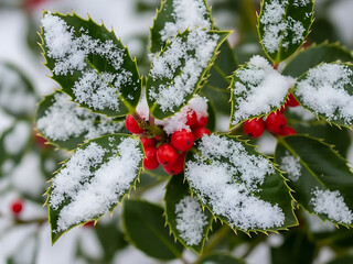Close-up of a holly bush with bright red berries and green leaves covered in fresh, white snow.
