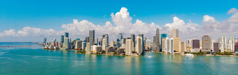 Fototapeta premium Aerial view of Brickell skyline. Panoramic cityscape of Brickell Miami. Skyscrapers of Brickell. Business towers in Miami.