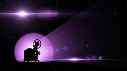 Silhouette of an old movie projector casting a dramatic purple spotlight beam with lens flare effect against a dark, textured, vintage film background, evoking nostalgia and cinema