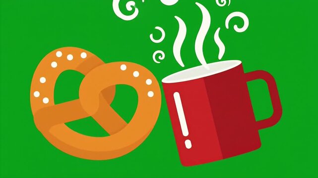 Steaming Coffee Mug And Fresh Pretzel Illustration.