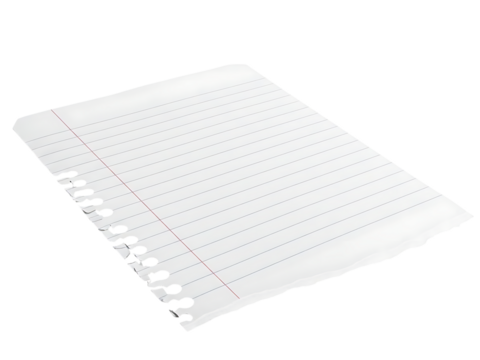 Blank white lined paper from a spiral notebook isolated on a white background ready for text or drawings.