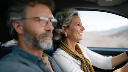 Wide-angle shot capturing car, landscape, and expressive gestures — representing joyful journey, connection, spontaneity, and inspirational senior couple imagery. cinematic color correction,