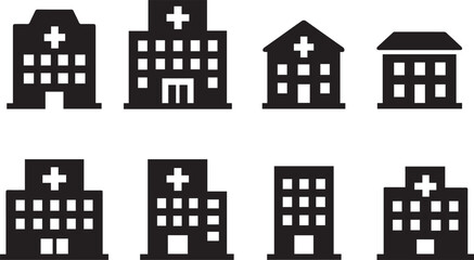 Hospital building icon set. Hospital and healthcare silhouette. Icon symbol of hospital building, healthcare, clinic.