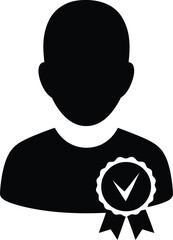Simple black silhouette of a person with a badge or award icon