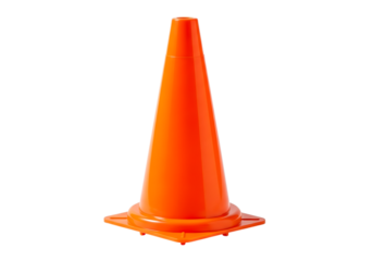 Bright orange traffic cone standing upright on a white background.