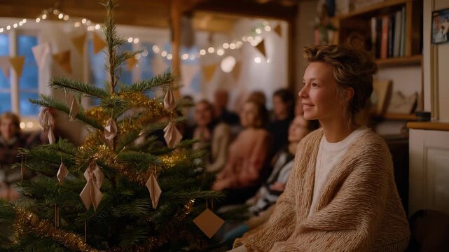 Warmly lit homeless shelter decorated for Christmas, with volunteers and residents gathered around a simple tree adorned with handmade paper ornaments and recycled tinsel — an authentic visual - Powered by Adobe
