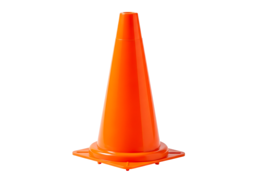 Bright orange traffic cone standing upright on a white background.