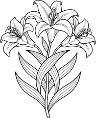 A delicate black and white illustration of blooming lily flowers with leaves