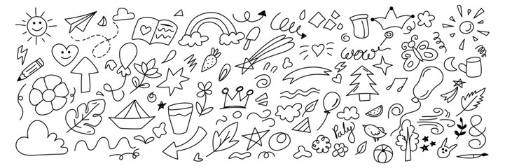 Playful doodle art featuring sun rainbow stars and other whimsical elements