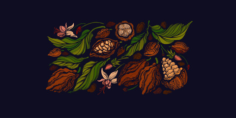 Cocoa plant, beans, leaves. Chocolate fruit pods