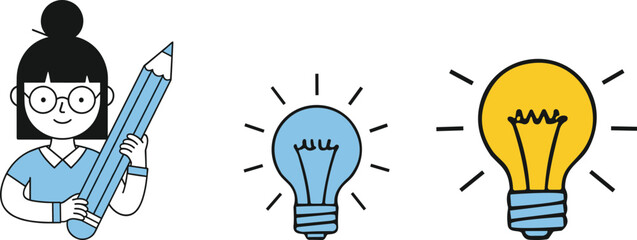 Creative idea concept, cartoon character with pencil, light bulb symbol of innovation, blue and yellow bulb icons, flat vector illustration