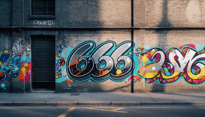 Fototapeta premium Street art graffiti ‘666 Wall Street’ on brick wall
