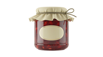 Glass jar filled with delicious cherry jam and blank label for text on transparent background