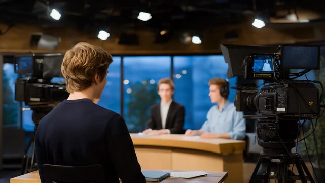 Behind glowing studio lights, a TV broadcast crew sets up cameras and microphones before a live news segment. Producers coordinate from the control room, anchors rehearse scripts, and lighting