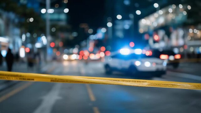 Bright yellow police tape fluttering across a closed city street illuminated by red and blue flashing lights, marking the perimeter of a recent urban incident &mdash; a dramatic and high-detail concept
