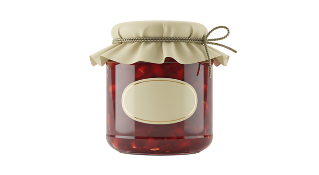 Glass jar filled with delicious cherry jam and blank label for text on transparent background