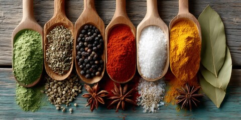 Aromatic spices and herbs on wooden spoons for cooking