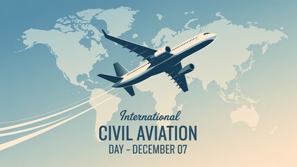Civil Aviation Day, Commercial aircraft soaring in sky with global travel celebration background.