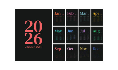 Monthly calendar 2026 week start Sunday corporate design template vector, black wall desk calendar in a minimalist style