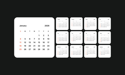 Monthly calendar cards 2026 week start Sunday corporate design template vector, pocket desk calendar in a minimalist style