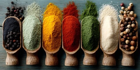 Colorful variety of culinary spices and seasonings in spoons