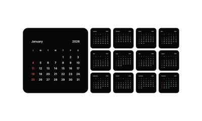 Monthly calendar cards 2026 week start Sunday corporate design template vector, black pocket desk calendar in a minimalist style