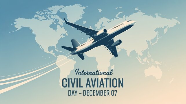 Civil Aviation Day, Commercial aircraft soaring in sky with global travel celebration background. - Powered by Adobe
