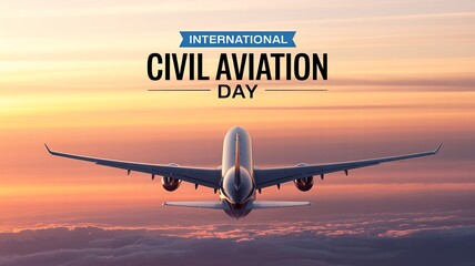 Civil Aviation Day, Passenger jet taking off toward skyline with dramatic evening sky background.