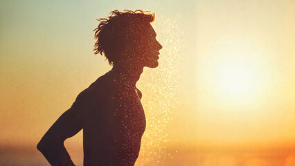 Young man in silhouette enjoying endorphin release at sunset, a natural mood boost concept, endorphin release, concept of natural mood boost, emotional concept