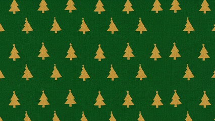 Seamless pattern of small golden christmas tree silhouettes repeating across a textured dark green background, perfect for holiday wrapping paper or festive textile design