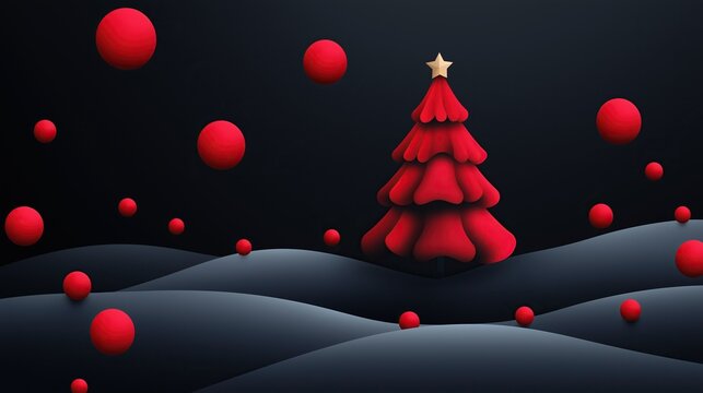 Christmas tree on dark background with red spheres in minimalistic design with simple shapes and cute cartoon aesthetic using red and black colors.