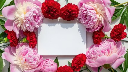 A floral frame of pink peonies and red carnations surrounds a blank white card, creating a vibrant and inviting space for personalized messages or greetings