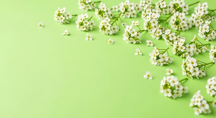 Fototapeta premium Delicate white spirea flowers scattered diagonally across a fresh, vibrant light green background, creating a spring border