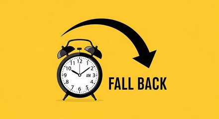 Daylight saving time ends concept with vintage alarm clock and fall back text on a vibrant yellow background