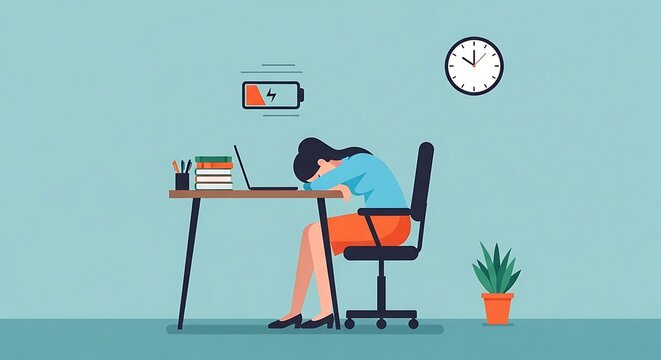 Exhausted woman slumping over her laptop at the desk, symbolizing burnout, fatigue, and low energy levels