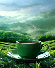 Steaming Cup of Green Tea in Lush Tea Garden