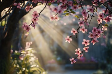 Blossoms in full bloom, soft sunlight filters through a tranquil garden during early spring.