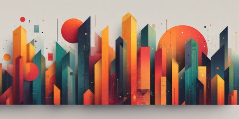 Abstract cityscape showing colorful geometric buildings and sunset