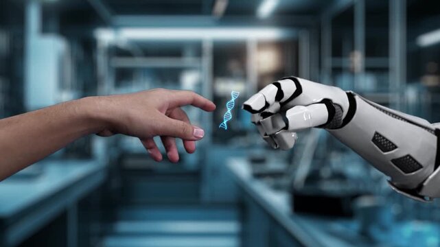 Robot and human reaching hand and pointing finger with DNA holographic floating. Close up of robotic hand and human working together while pointing finger at blurred laboratory background. Salubrious.
