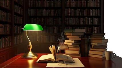 Vintage green desk lamp illuminates open book and stacked old books in library setting