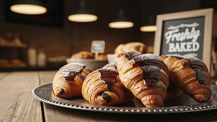 Freshly baked chocolate croissants arranged attractively on a silver tray in a cozy bakery setting