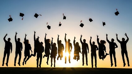 Graduation celebration silhouette joyful students tossing caps skyward sunset achievement