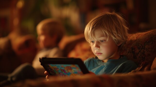 A focused young boy is sitting on the couch, deeply engaged with a colorful tablet that displays captivating visuals. Another curious boy sits nearby, observing the tablet's vibran