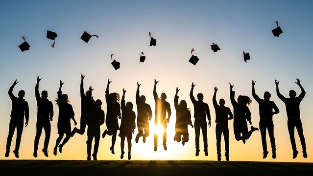 Graduation celebration silhouette joyful students tossing caps skyward sunset achievement