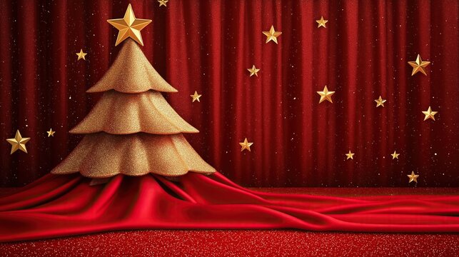 Christmas tree on red curtain background with golden stars, vector illustration of abstract tree in star shape with red fabric drapery and glitter.